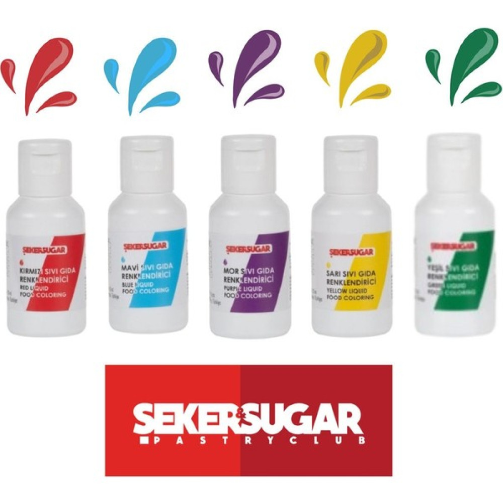 Şeker & Sugar 5’li Sıvı Su Bazlı Likit Gıda Boyası 5 x 20 gr Sarı Kırmızı Mavi Mor Yeşil - 1 Adet Diğer Fiyatı
