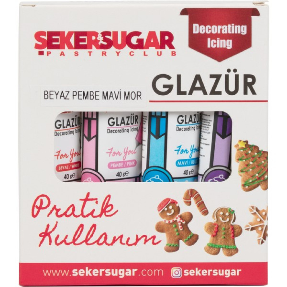 Şeker&Sugar Glazür 4'lü Set 40 gr Beyaz, Pembe, Mavi, Mor Diğer Fiyatı