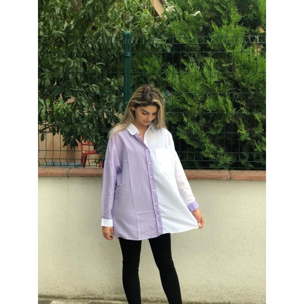 Selbi Butik Kadın Gömlek Mor Beyaz Renk Paylaşımlı Cepli Uzun Gömlek Kadın Gömlek Fiyatı