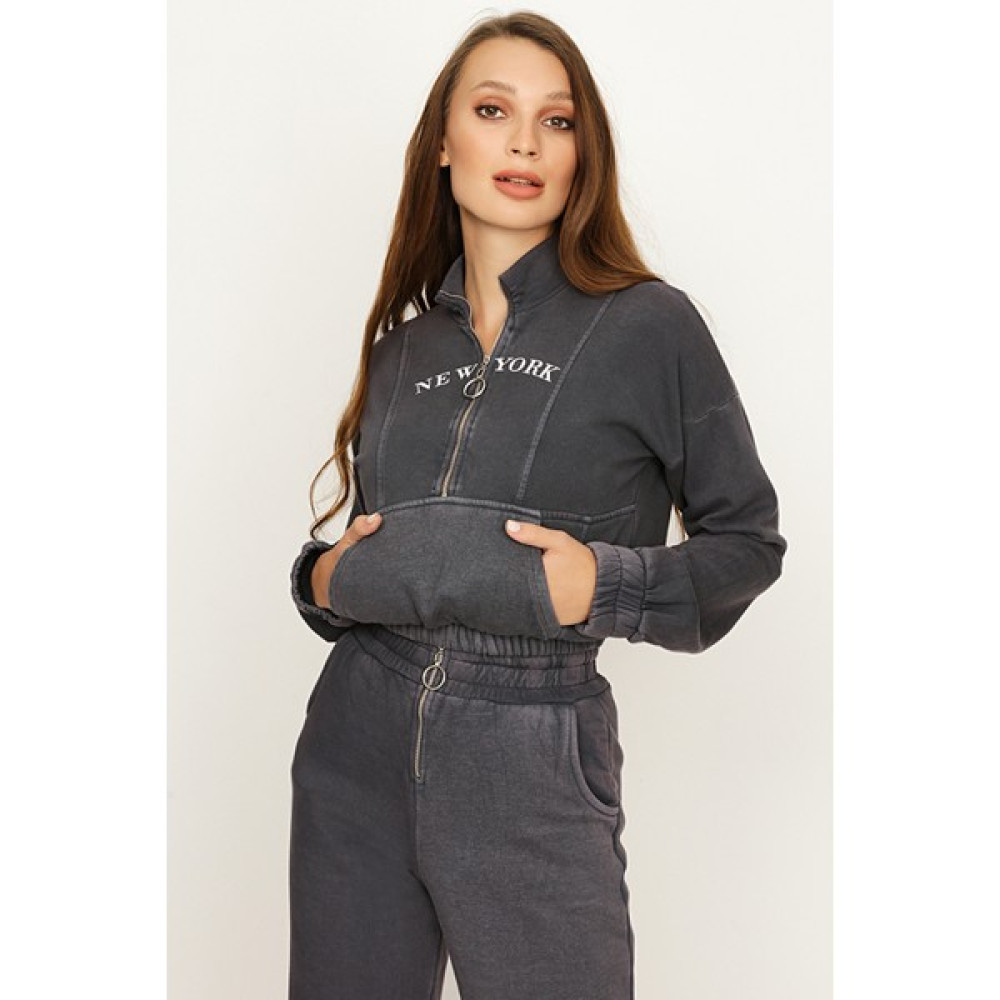 Select Moda Kadın Füme Yarım Fermuarlı Beli Lastikli Crop Sweatshirt Bayan Sweatshirt Fiyatı