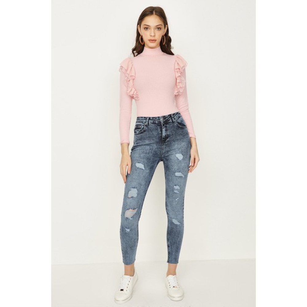 Select Moda Kadın Gri Yırtık Detaylı Yüksek Bel Jeans Bayan Jeans / Kot Pantolon Fiyatı