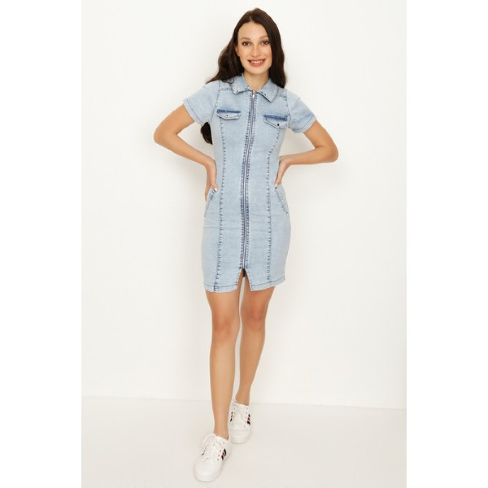 Select Moda Kadın Mavi Fermuar Kapamalı Mini Denim Elbise Elbise Fiyatı
