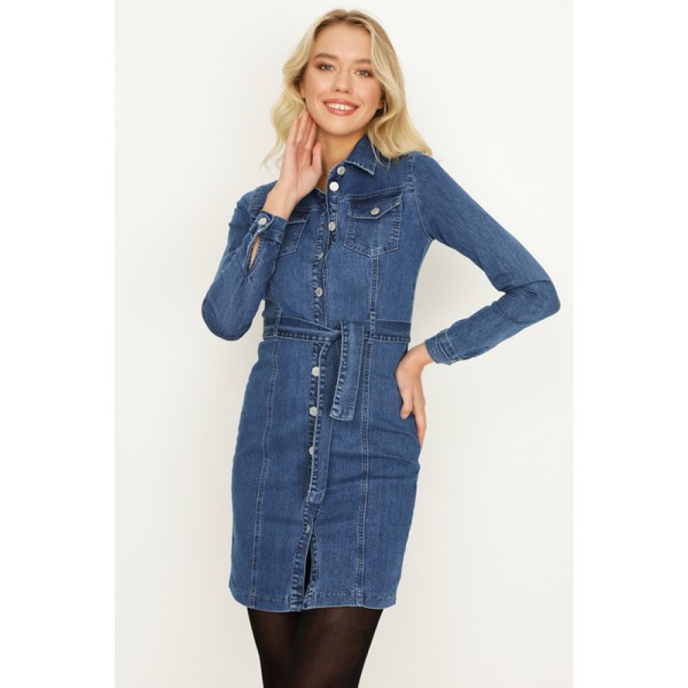 Select Moda Kadın Mavi Önden Düğmeli Kuşaklı Uzun Kollu Denim Elbise Elbise Fiyatı