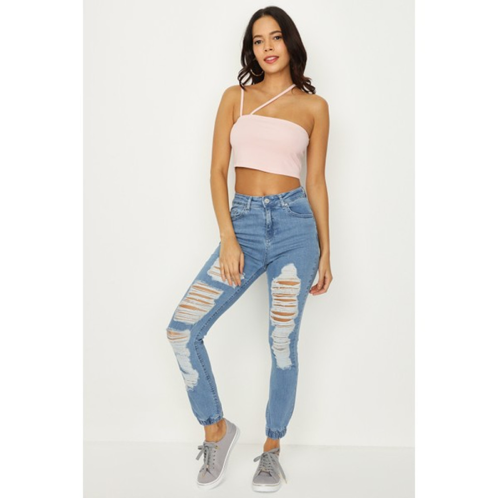 Select Moda Kadın Mavi Yırtık Detaylı Paçası Lastikli Jeans Bayan Jeans / Kot Pantolon Fiyatı