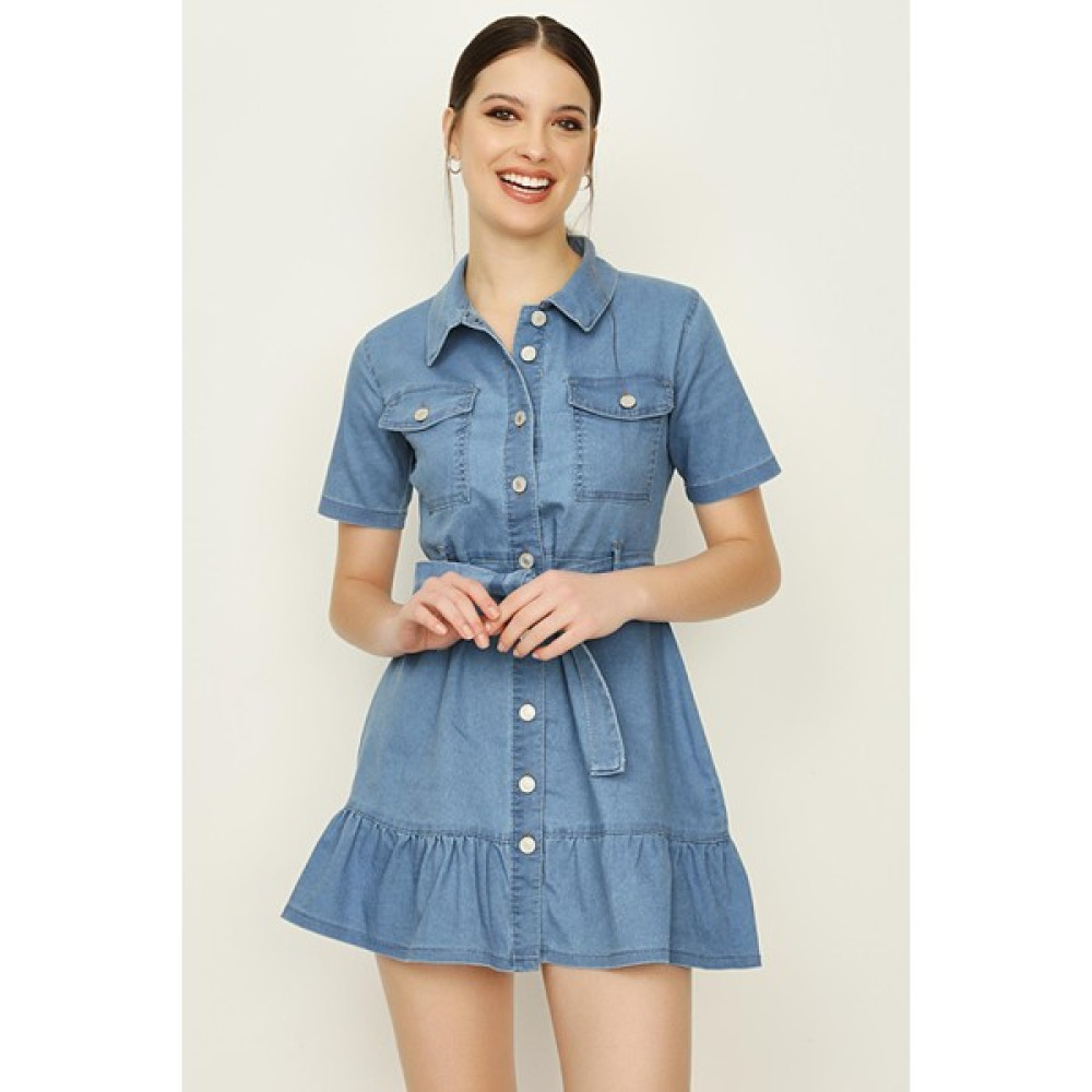 Select Moda Kadın Önden Düğmeli Eteği Fırfırlı Denim Elbise Elbise Fiyatı