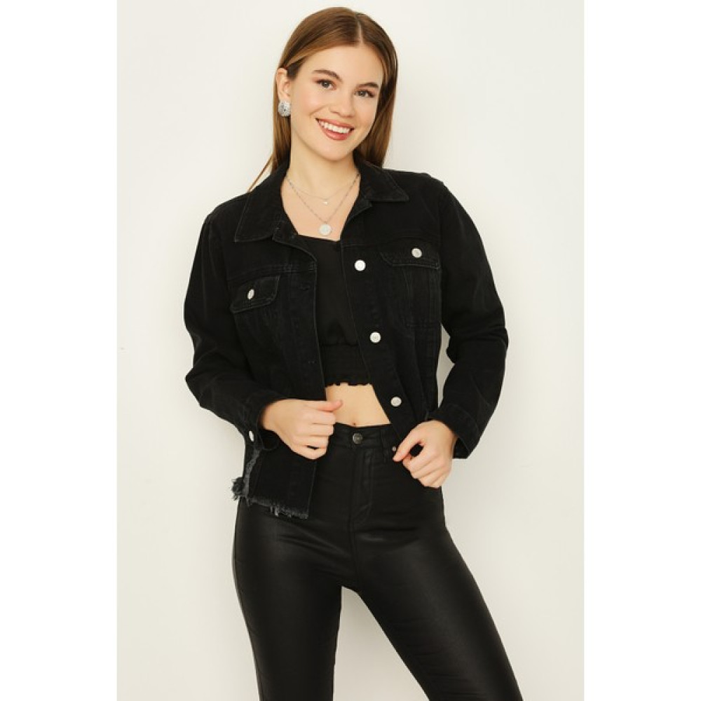 Select Moda Kadın Siyah Düğmeli Etek Ucu Püsküllü Crop Denim Ceket Bayan Ceket Fiyatı
