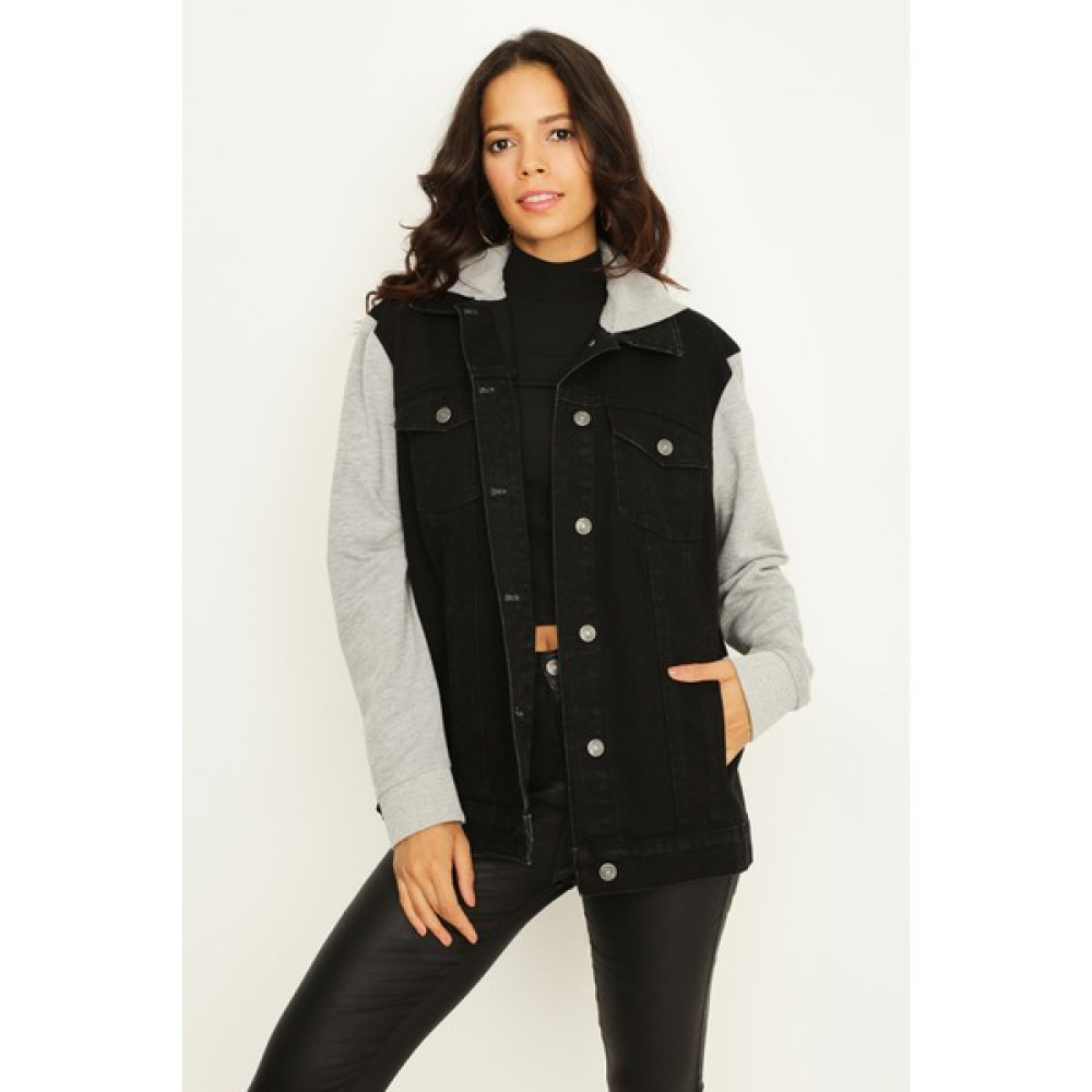 Select Moda Kadın Siyah Kapüşonlu Kolları Penye Oversize Denim Ceket Bayan Ceket Fiyatı