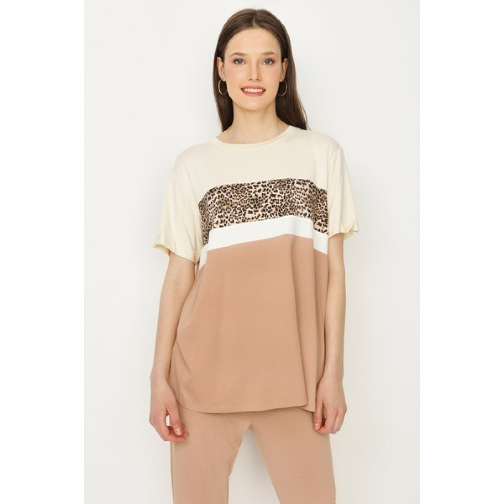 Select Moda Kadın Siyah Leopar Desenli Arkası Anvelop Model T-Shirt Bayan T-shirt Fiyatı