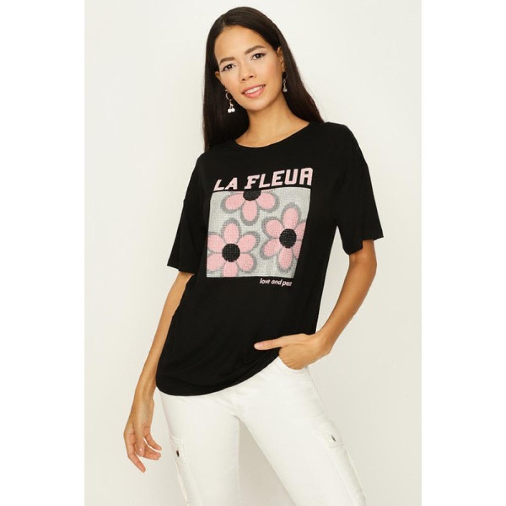 Select Moda Kadın Siyah Taş Baskılı Basic T-Shirt Bayan T-shirt Fiyatı