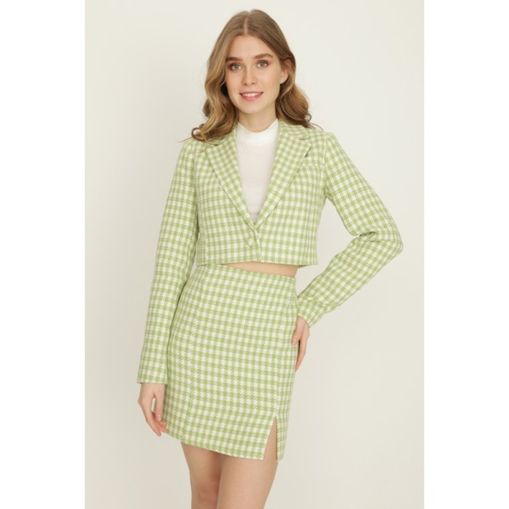 Select Moda Kadın Yeşil Kazayağı Desen Crop Ceket Bayan Ceket Fiyatı