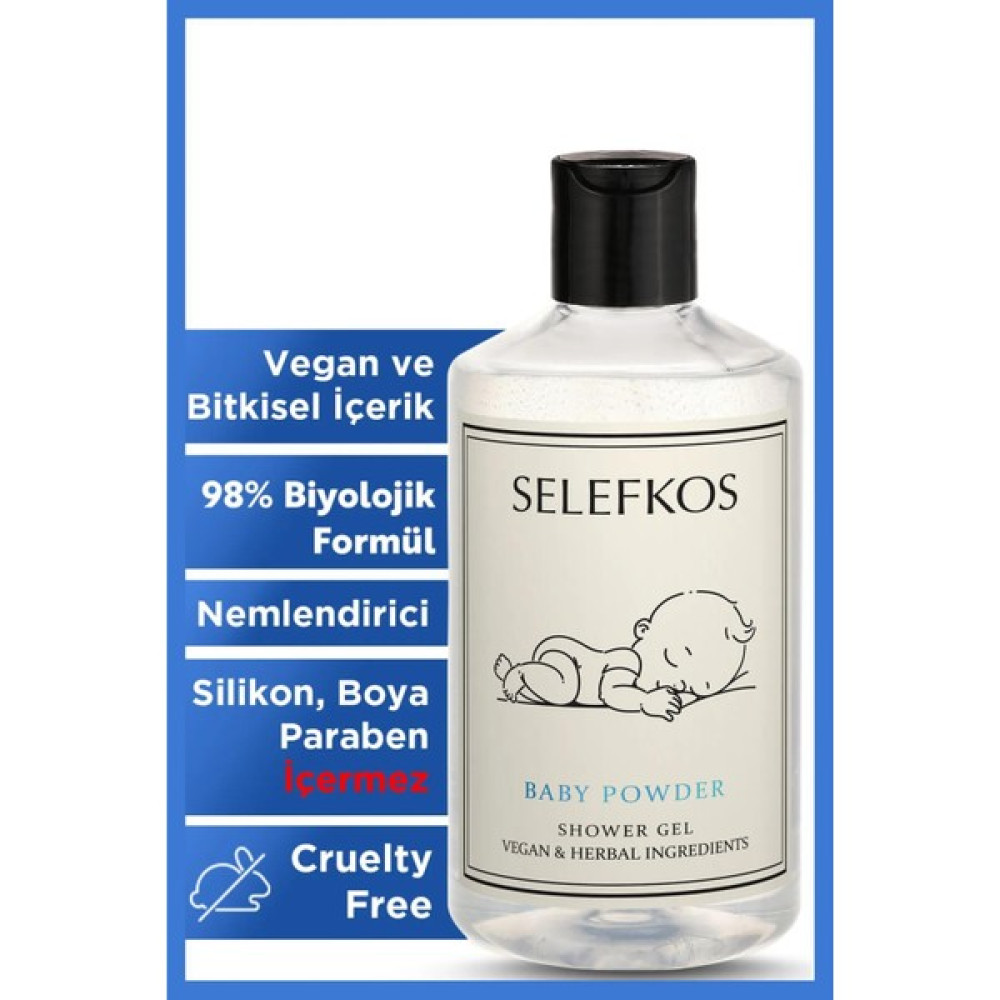 Selefkos Bebek Pudra Kokulu Vegan Banyo ve Duş Jeli Nemlendirici Tazeleyici Vücut Şampuanı 500ML Duş Jelleri ve Banyo Köpükleri Fiyatı