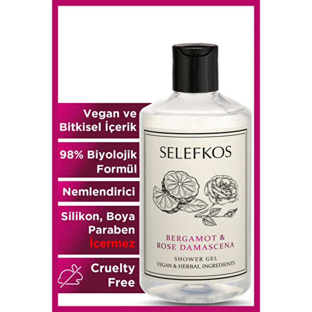 Selefkos Bergamot ve Gül Kokulu Vegan Banyo ve Duş Jeli Nemlendirici Tazeleyici Vücut Şampuanı 500ML Duş Jelleri ve Banyo Köpükleri Fiyatı