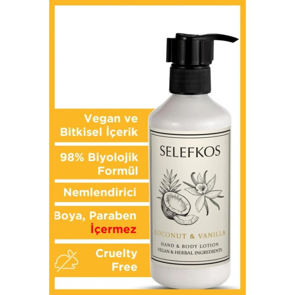 Selefkos Hindistan Cevizi ve Vanilya Kokulu Nemlendirici Vegan Vücut Losyonu & Vücut Kremi 250ML - COCONUT-VANILLA Nemlendiriciler Fiyatı