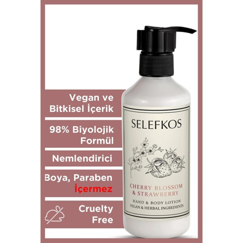 Selefkos Kiraz Çiçeği ve Çilek Kokulu Nemlendirici Vegan Vücut Losyonu & Vücut Kremi 250ML - CHERRY BLOSSOM & STRAWBERRY Nemlendiriciler Fiyatı