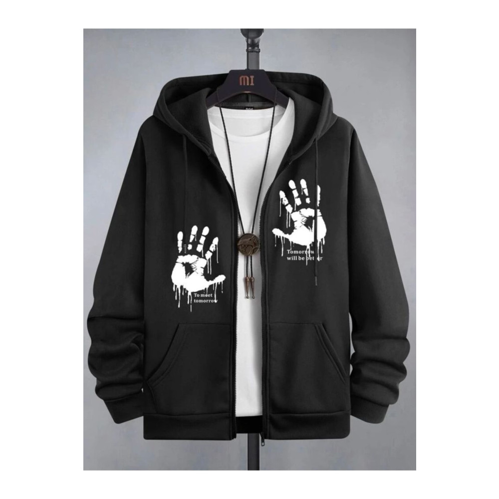 SELENA BUTİK Kapüşonlu Unisex Siyah El Baskılı Fermuarlı Hırka L Beden Kadın Hırka Fiyatı