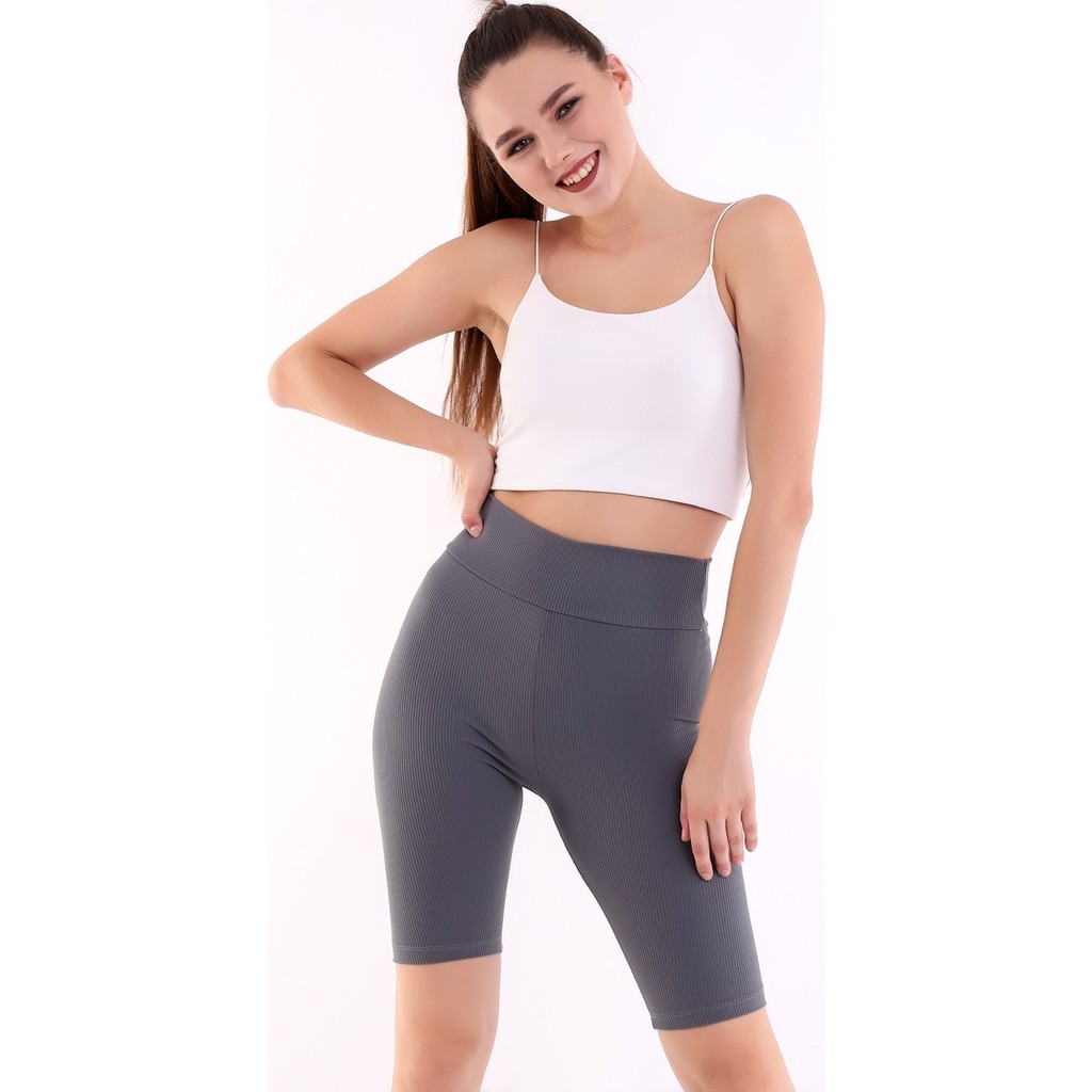 Self Clothing Kadın Gri Yüksek Bel Fitilli Dayanıklı Örme Kumaş Toparlayıcı Kısa Spor Tayt SLF1417 Diğer Fiyatı