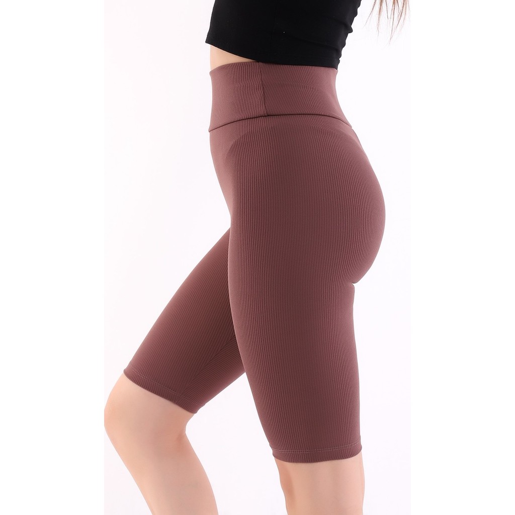 Self Clothing Kadın Kahve Yüksek Bel Fitilli Dayanıklı Örme Kumaş Toparlayıcı Kısa Spor Tayt SLF1417 Diğer Fiyatı