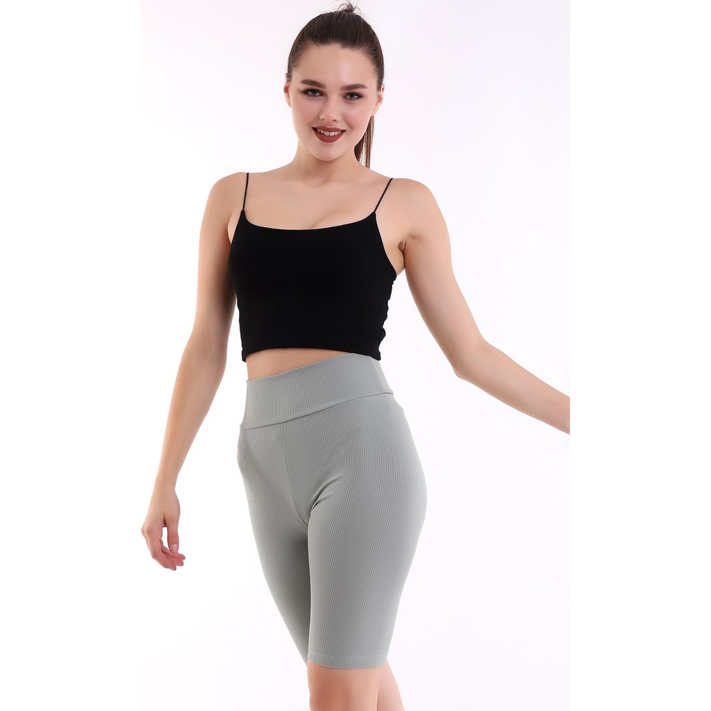 Self Clothing Kadın Mint Yeşil Yüksek Bel Fitilli Dayanıklı Örme Kumaş Toparlayıcı Kısa Spor Tayt SLF1417 Diğer Fiyatı