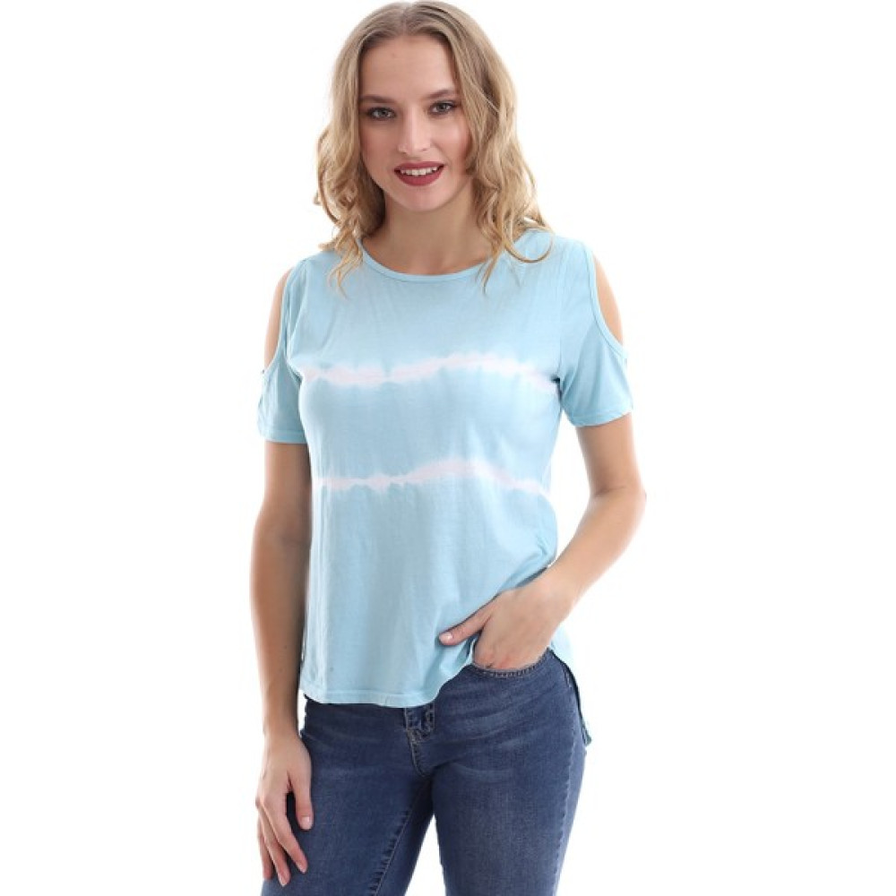 Self Clothing Kadın Omuz Açık Bebek Mavi Batik T-Shirt Bayan T-shirt Fiyatı