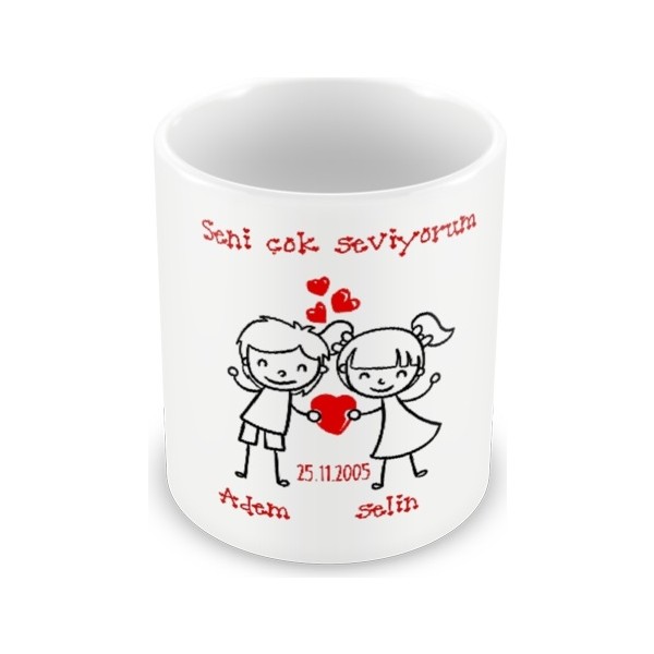 Seliness Design Seni Çok Seviyorum Isim ve Tarih Yazılı Porselen Kupa , Sevgililere Özel Baskılı Kupa - 1 Adet - Beyaz - 330 ml Fincan / Bardak / Kahve Takımı Fiyatı