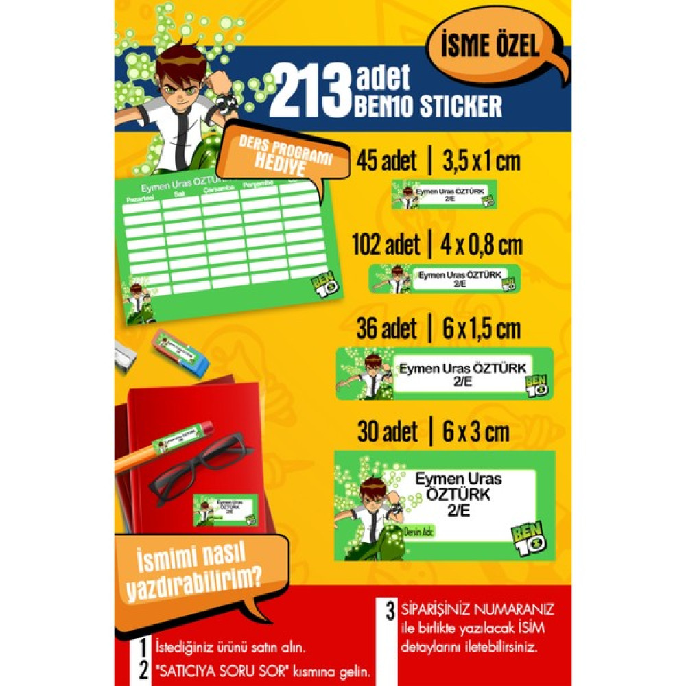 Selis Craft Okul Etiketi BEN10 Temalı Özel Isim Yazılabilen Kalem, Defter, Boya, Kitap Etiketi - 213 Adet - Renkli - Parlak Sticker - 23 x 29,7 cm Oto Boyaları Fiyatı