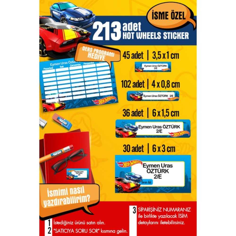 Selis Craft Okul Etiketi Hot Wheels Temalı Özel Isim Yazılabilen Kalem, Defter, Boya, Kitap Etiketi - 213 Adet - Renkli - Parlak Sticker - 21 x 29,7 cm Oto Boyaları Fiyatı