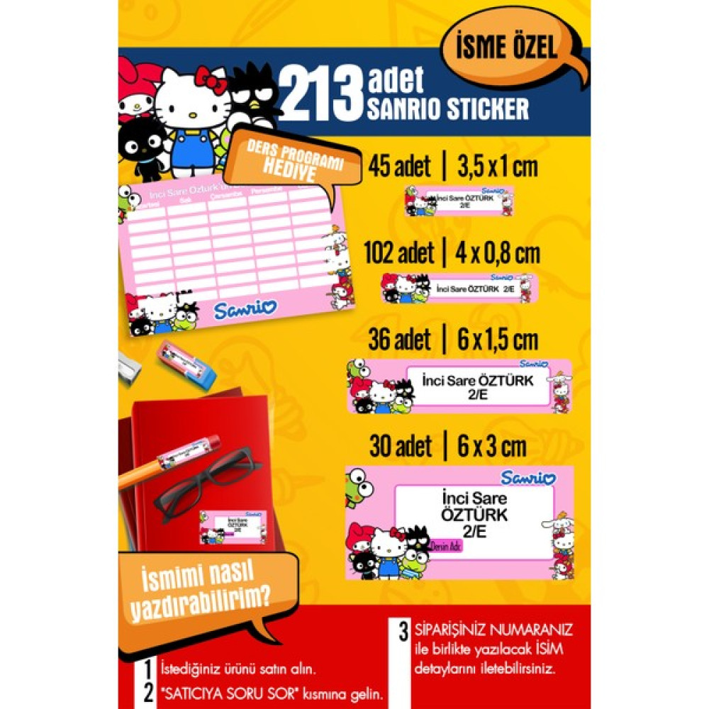Selis Craft Okul Etiketi Sanrıo Temalı Özel Isim Yazılabilen Kalem, Defter, Boya, Kitap Etiketi - 213 Adet - Renkli - Parlak Sticker - 32 x 29,7 cm Oto Boyaları Fiyatı