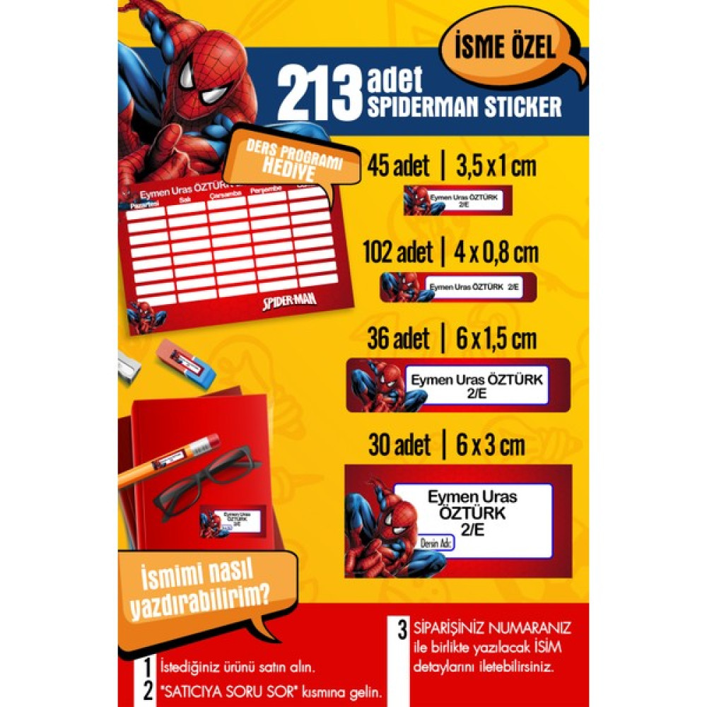 Selis Craft Okul Etiketi Spıderman Temalı Özel Isim Yazılabilen Kalem, Defter, Boya, Kitap Etiketi - 213 Adet - Renkli - Parlak Sticker - 21 x 29,7 cm Oto Boyaları Fiyatı