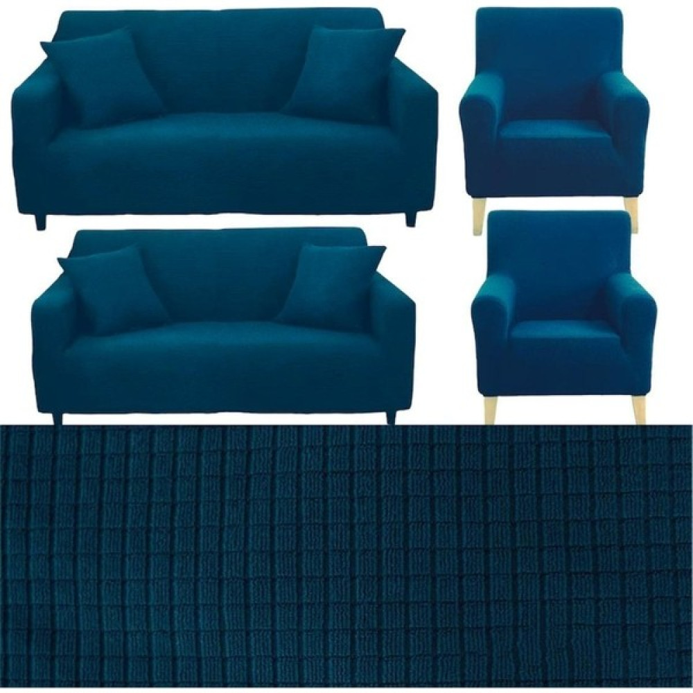 Seltenet Streç Lastikli Esnek Yikanabilir Kare Desen Berjer Kotuk Örtüsü Takımı (3+3+1+1) Koltuk Kılıfı - 230 x 180 cm - Petrol Mavisi Koltuk & Kanepe Örtüsü Fiyatı