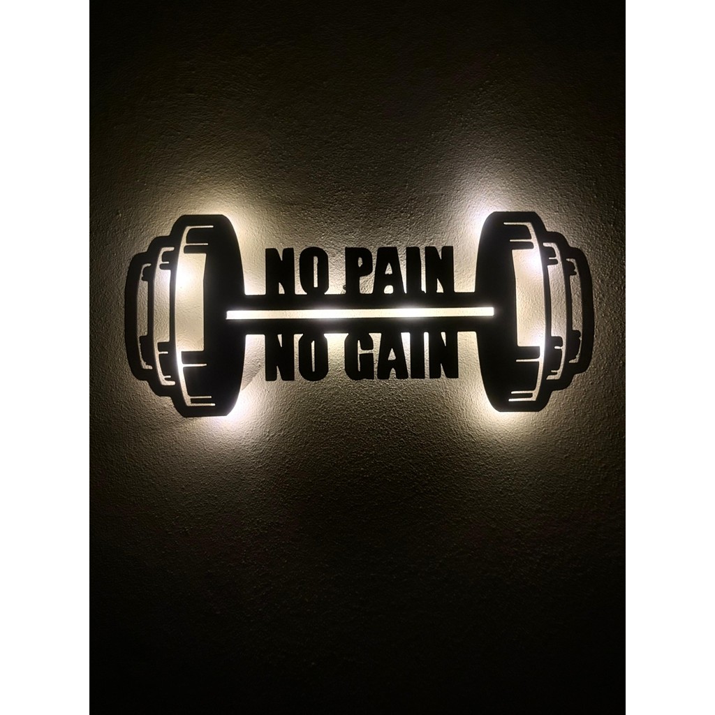 Sem Concept Aa Pilli Ledli No Pain No Gain Dekoratif Duvar Yazısı, Ahşap Işıklı Dumbell Tablo - 54x24 - Siyah Kanvas Tablo Fiyatı