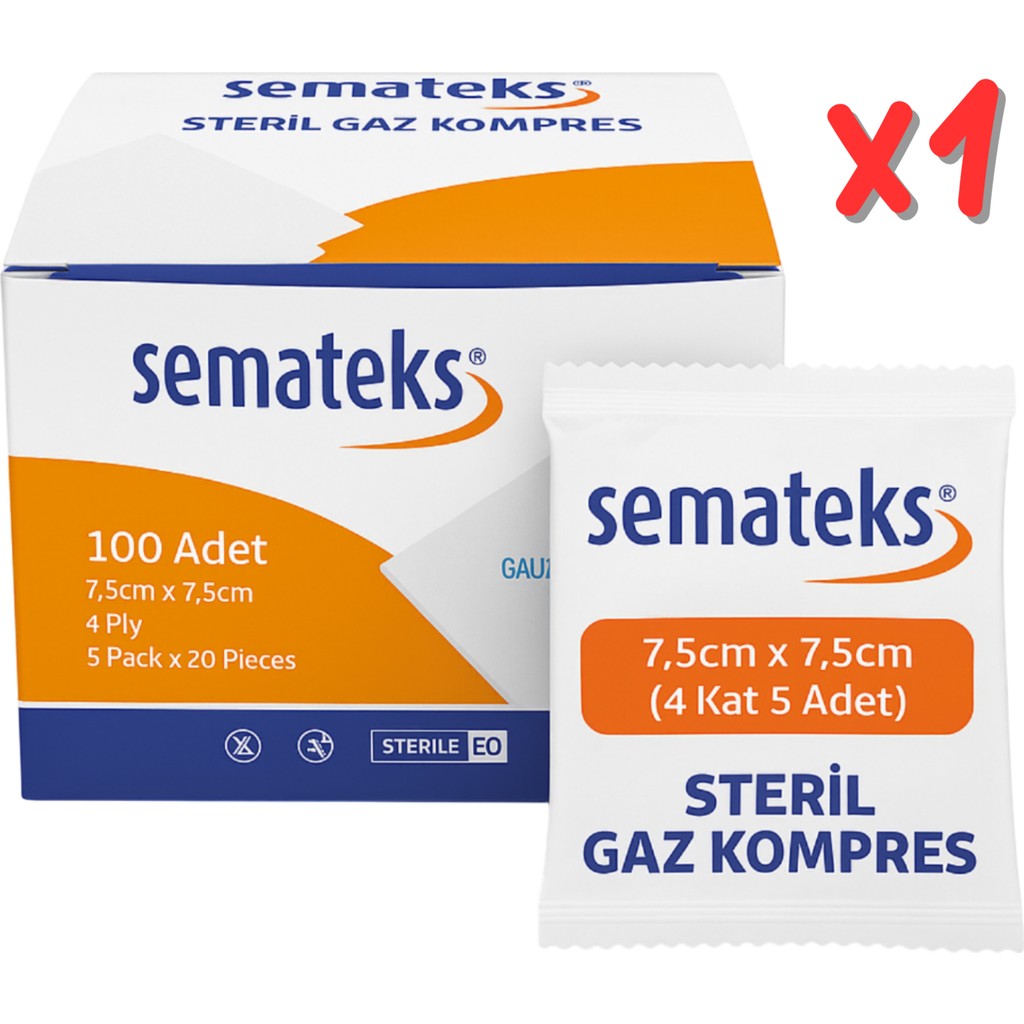 Semateks Steril Pamuklu Dokuma Gaz Kompres Gazlı Bez | 7,5cm x 7,5cm | 4 Katlı | 100'LÜ (5'li Zarf x 20) Klasik - 1 KUTU Diğer Fiyatı