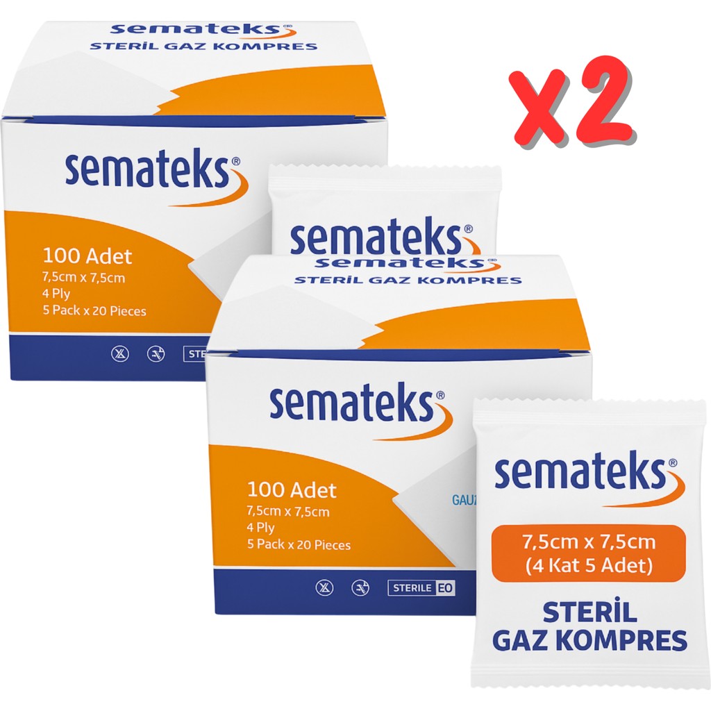 Semateks Steril Pamuklu Dokuma Gaz Kompres Gazlı Bez | 7,5cm x 7,5cm | 4 Katlı | 100'LÜ (5'li Zarf x 20) Klasik - 2 KUTU Diğer Fiyatı