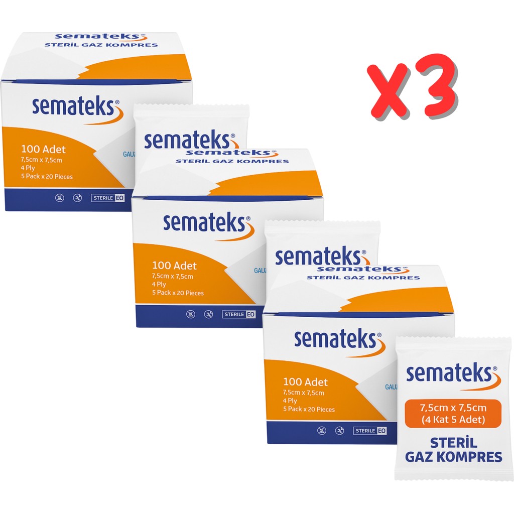 Semateks Steril Pamuklu Dokuma Gaz Kompres Gazlı Bez | 7,5cm x 7,5cm | 4 Katlı | 100'LÜ (5'li Zarf x 20) Klasik - 3 KUTU Diğer Fiyatı
