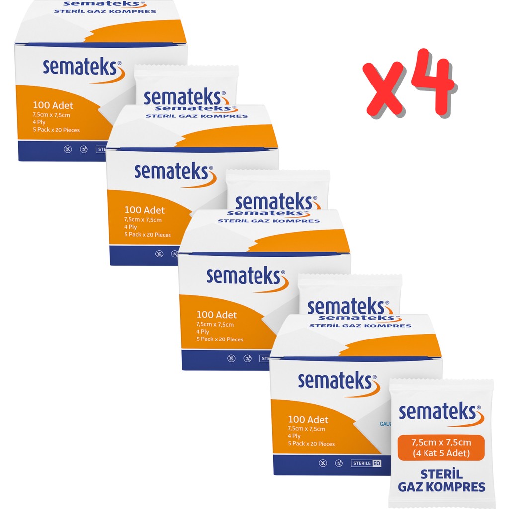 Semateks Steril Pamuklu Dokuma Gaz Kompres Gazlı Bez | 7,5cm x 7,5cm | 4 Katlı | 100'LÜ (5'li Zarf x 20) Klasik - 4 KUTU Diğer Fiyatı