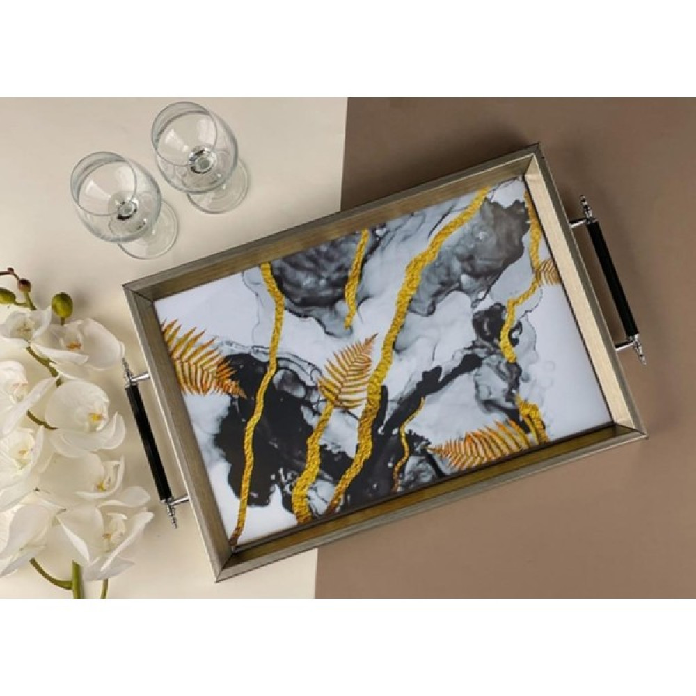 Sembol 50X31CM Kulplu Mermer Desen Gold/beyaz Detaylı Ahşap/cam Tepsi G-1014 - Gümüş Servis Tepsisi Fiyatı