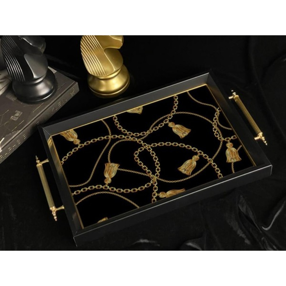 Sembol 50X31CM Kulplu Siyah Gold Zincir Desen Ahşap/cam Tepsi S-1014 Servis Tepsisi Fiyatı