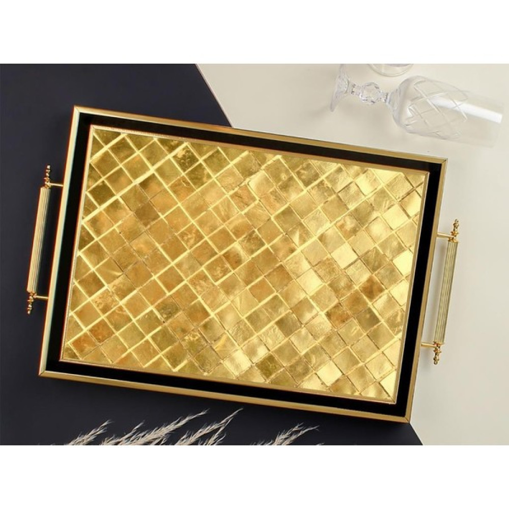 Sembol Kulplu Siyah Gold Baklava Desen Ahşap/Cam Tepsi S-1021 50 x 31 cm Servis Tepsisi Fiyatı