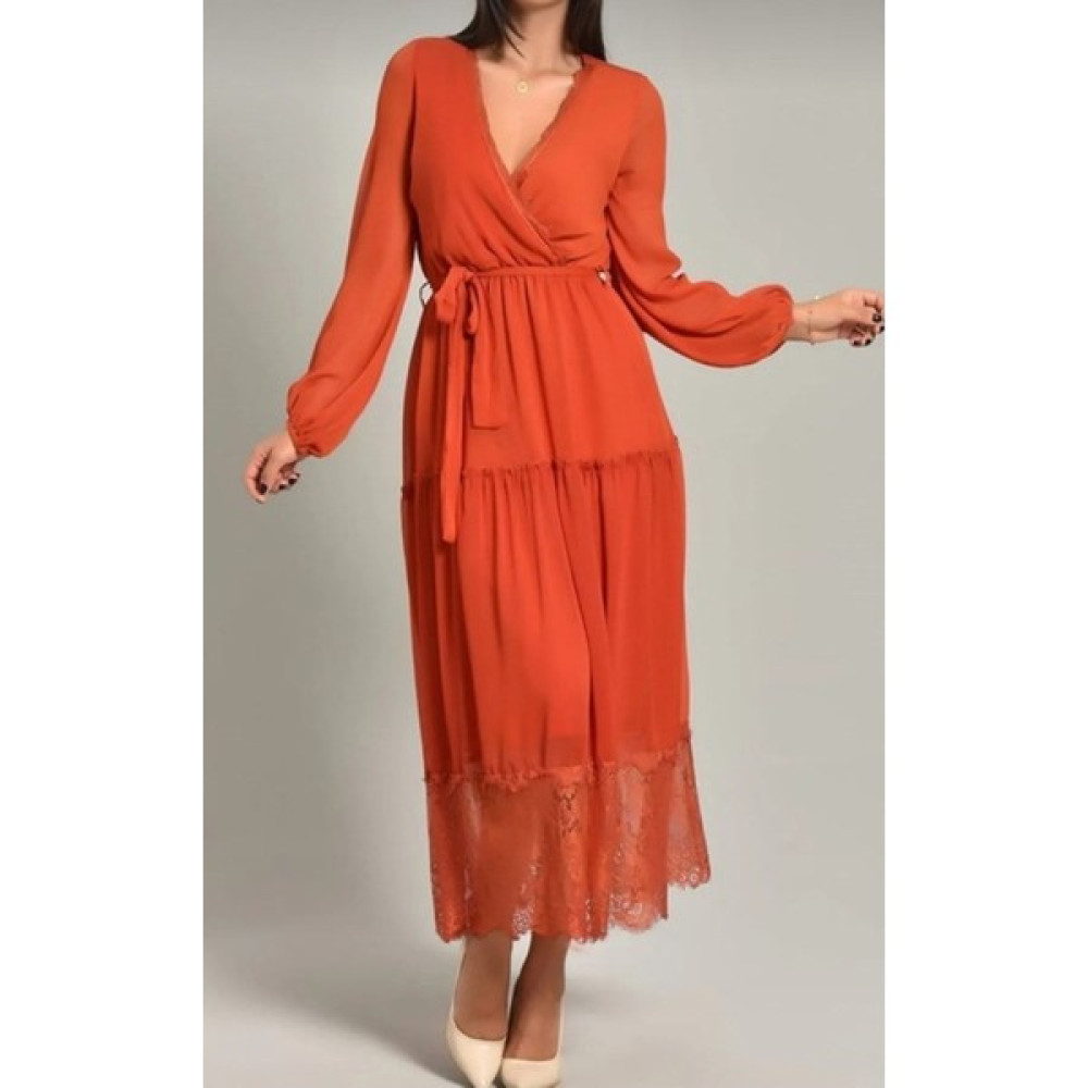 Şems Fashion Şifon Kumaş Astarlı Kruvaze Yaka Dantelli Bel Lastikli Kuşaklı Uzun Elbise Uzun Elbise Elbise Fiyatı