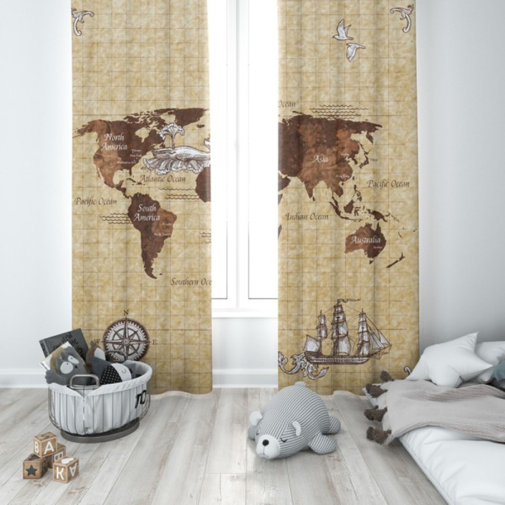 Şen Dekorasyon Harita Fon Perde 2 Kanat - Renkli - 140 x 200 cm Fon Perde Fiyatı