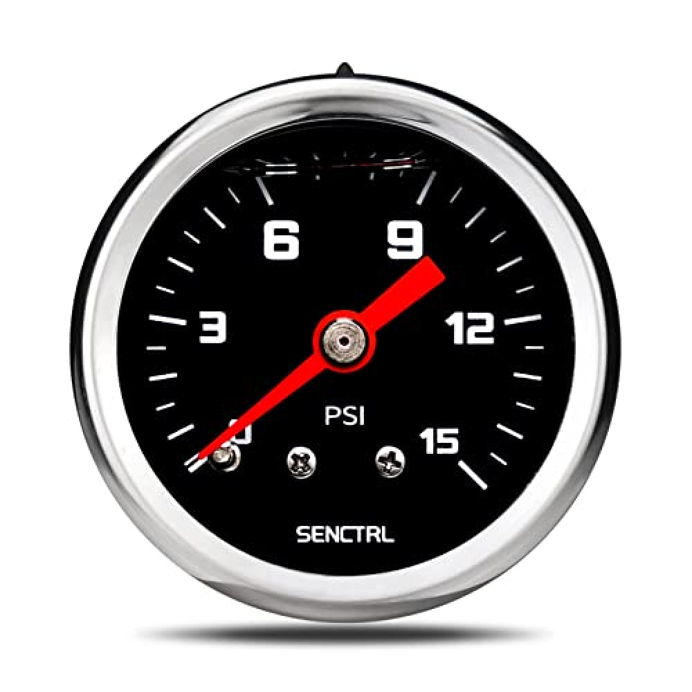 SENCTRL 0-15 Psi Fuel Pressure Gauge, 1-1/2" Black Dial, 1/8" NPT Back Mount, Silicone Oil Liquid Filled, Stainless Steel Case, Inline Low Pressure Gauge, for Water Oil Pressure Test