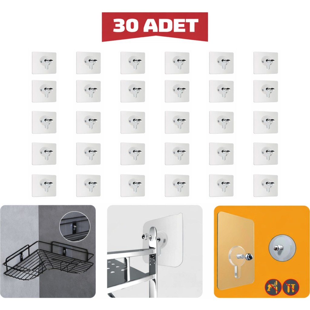 Sengenegel 30 Adet Süper Güçlü Çerçeve Askısı Pin Delgisiz Vidalı Tırnak Kanca Yapışkanlı Raf Tutucu Askı - Şeffaf - 6 Diğer Fiyatı