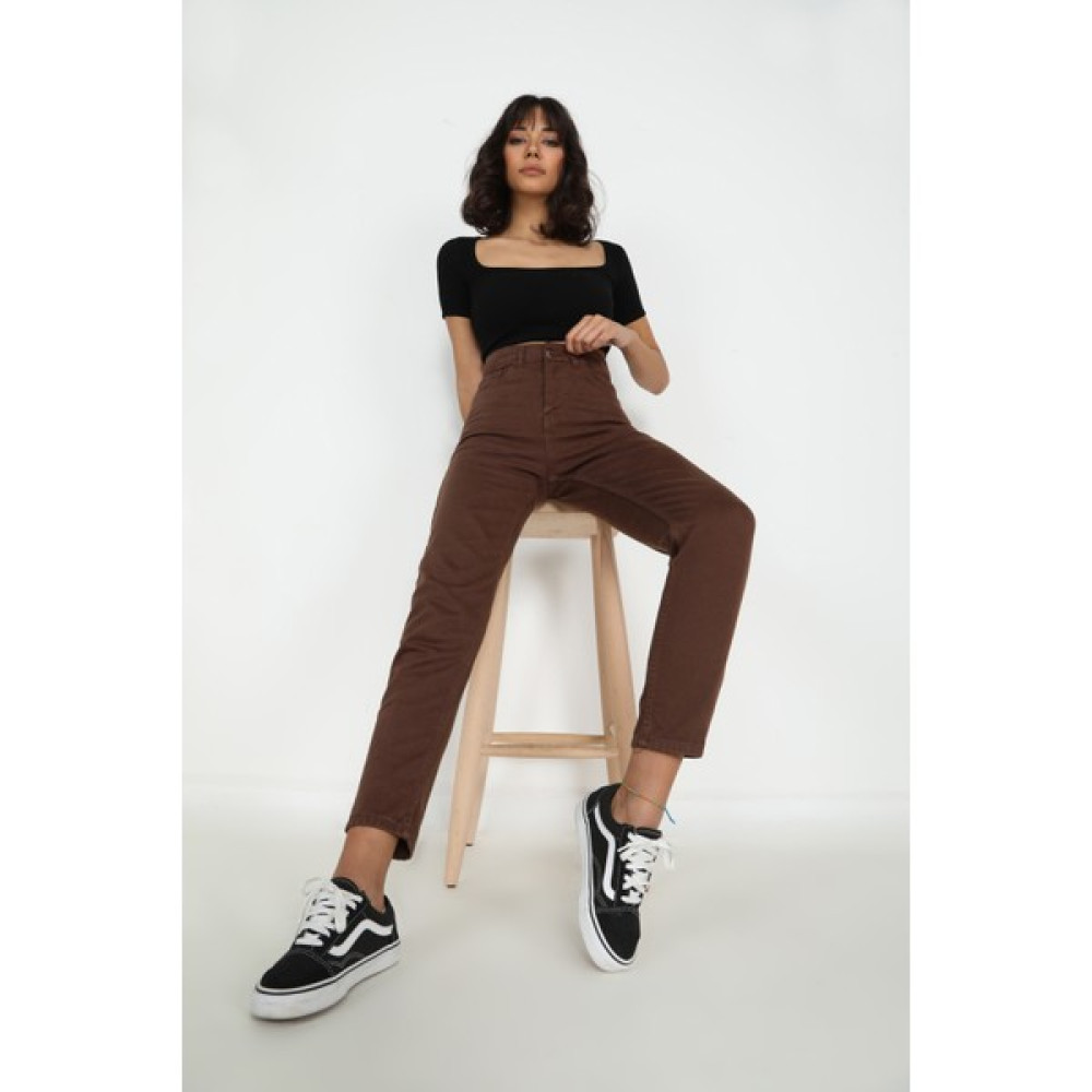 Senin Olsun Kahverengi Yüksek Bel Mom Jean Bayan Jeans / Kot Pantolon Fiyatı