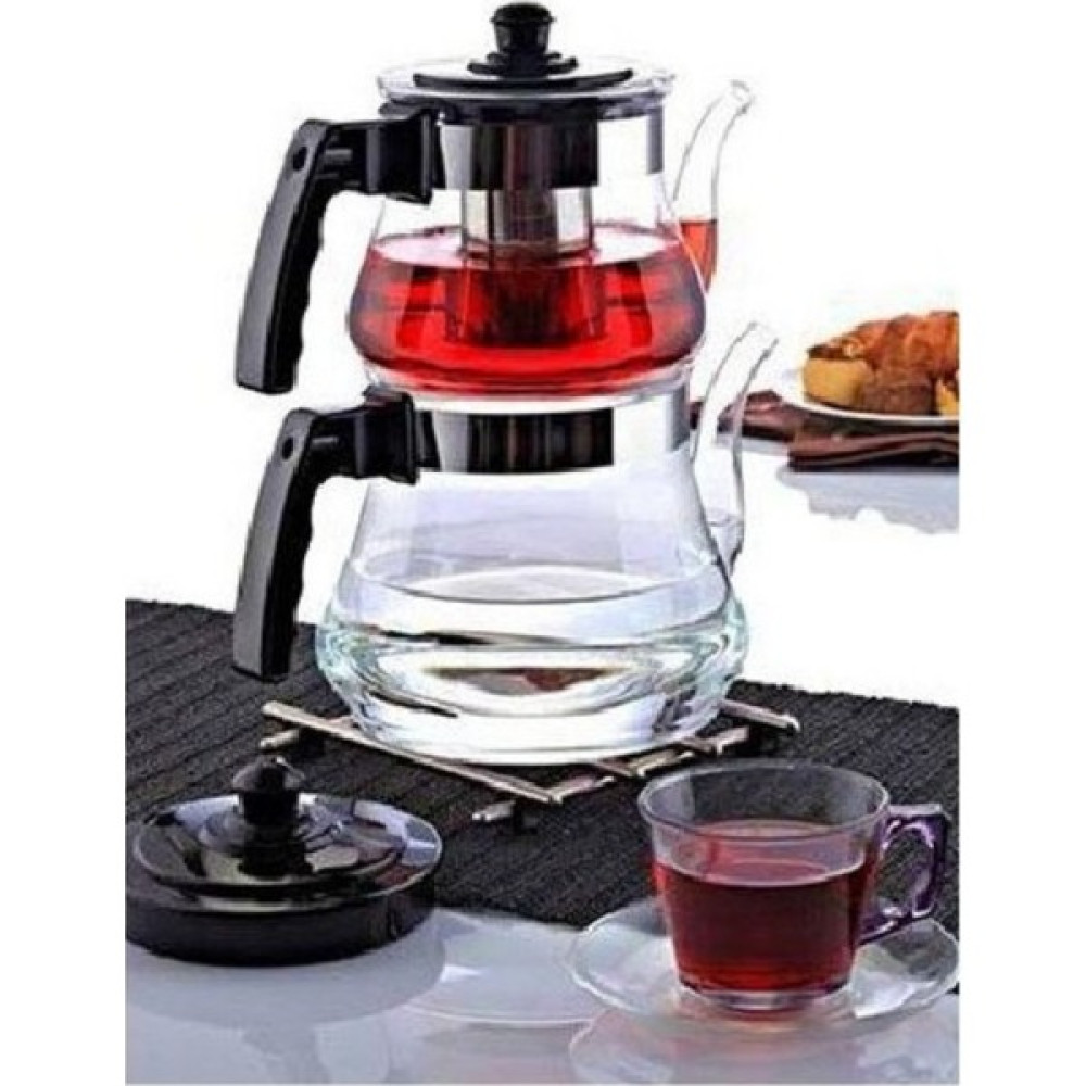 seninürünün 1. Kalite Ateşe Isıya Dayanıklı Büyük Boy Süzgeçli 2li Borosılıkat Cam Demlik 2400 ml + 1200 ml Kapasiteli 3.6 Litre Çay / Çaydanlık Setleri Fiyatı