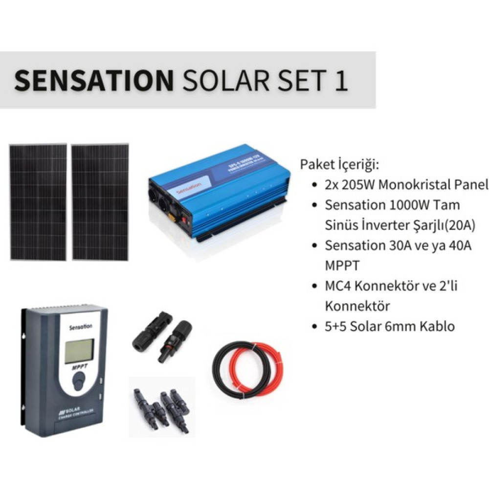Sensation Solar Set Paket 1 (Karavan,bağ Evi)Monokristal Güneş Paneli-Mppt-Inverter Tam Sinus Şarjlı Oto, Bahçe, Yapı Market Fiyatı