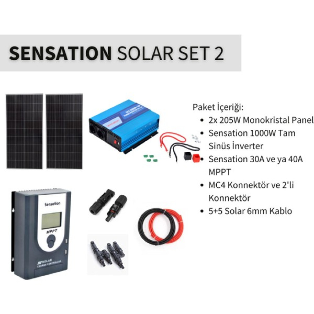 Sensation Solar Set Paket 2 (Karavan, Bağ Evi) Monokristal Güneş Paneli-Mppt-Inverter Tam Sinus Oto, Bahçe, Yapı Market Fiyatı
