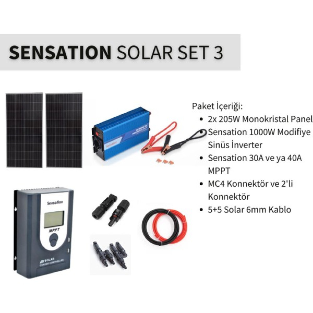 Sensation Solar Set Paket 3 (Karavan,bağ Evi) Monokristal Güneş Paneli-Mppt-Inverter Modifiye Sinus Oto, Bahçe, Yapı Market Fiyatı