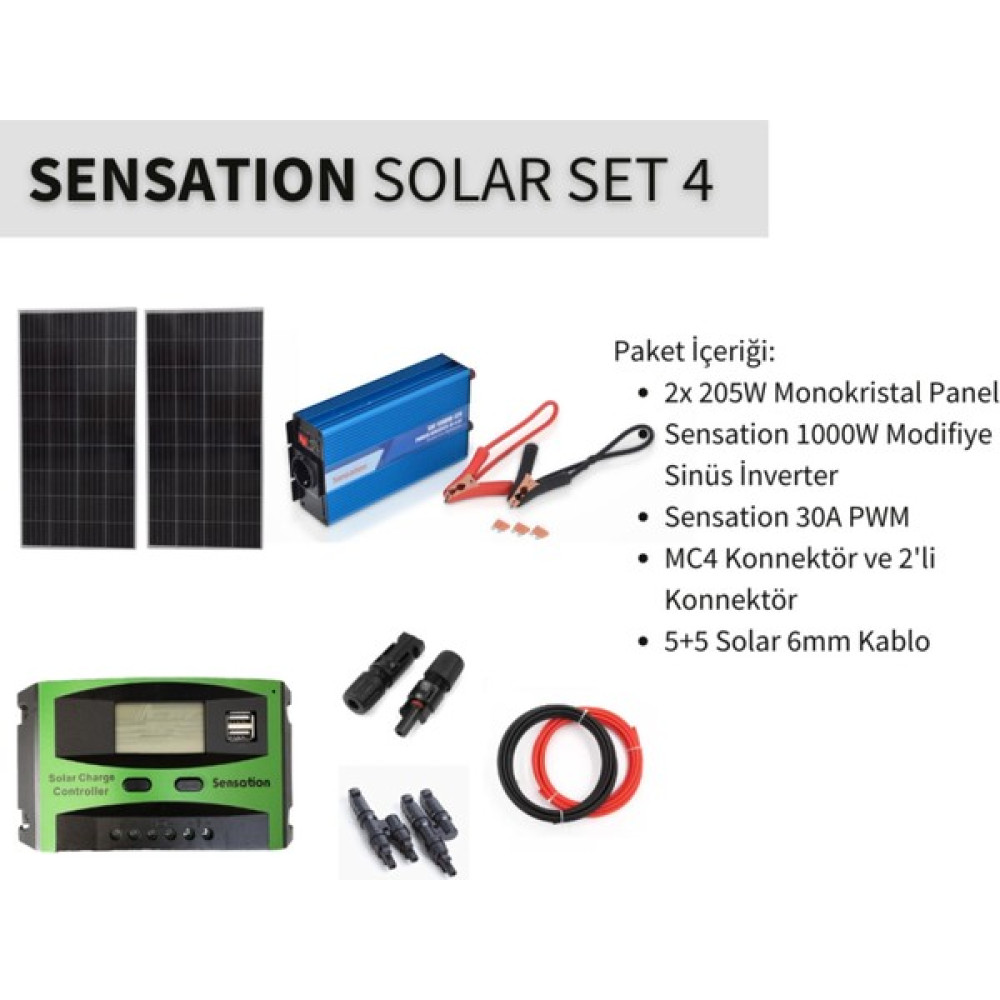 Sensation Solar Set Paket 4 (Karavan, Bağ Evi) Monokristal Güneş Paneli-Pwm-Inverter Modifiye Sinus Oto, Bahçe, Yapı Market Fiyatı