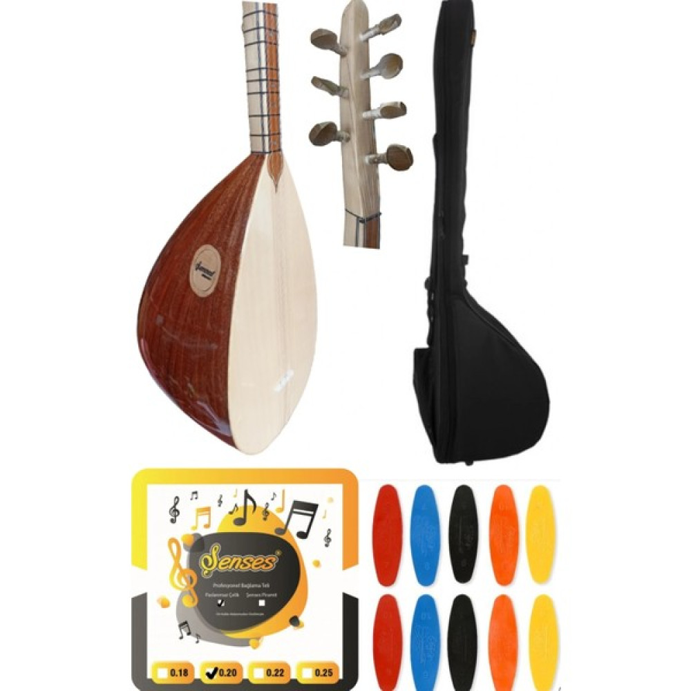 Şenses Müzik Market Şenses Müzik 40 Tekne Yaprak Maun Cihaz Girişli Profesyonel Uzun Sap Bağlama - Petli Kılıf - Tel - Tezene 4'lü Set Bağlamalar Fiyatı