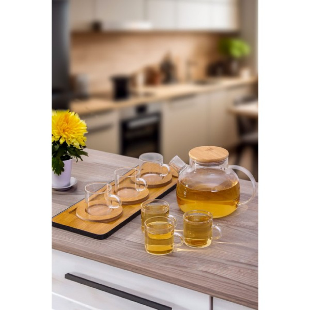 Senza Bambu Kapaklı Borosilikat Demlik 1lt+ 6 Lı Cam Fincan Set 125 Ml+Ahşap Tepsi +3lü Bardak Altlığı - Şeffaf Çay / Çaydanlık Setleri Fiyatı
