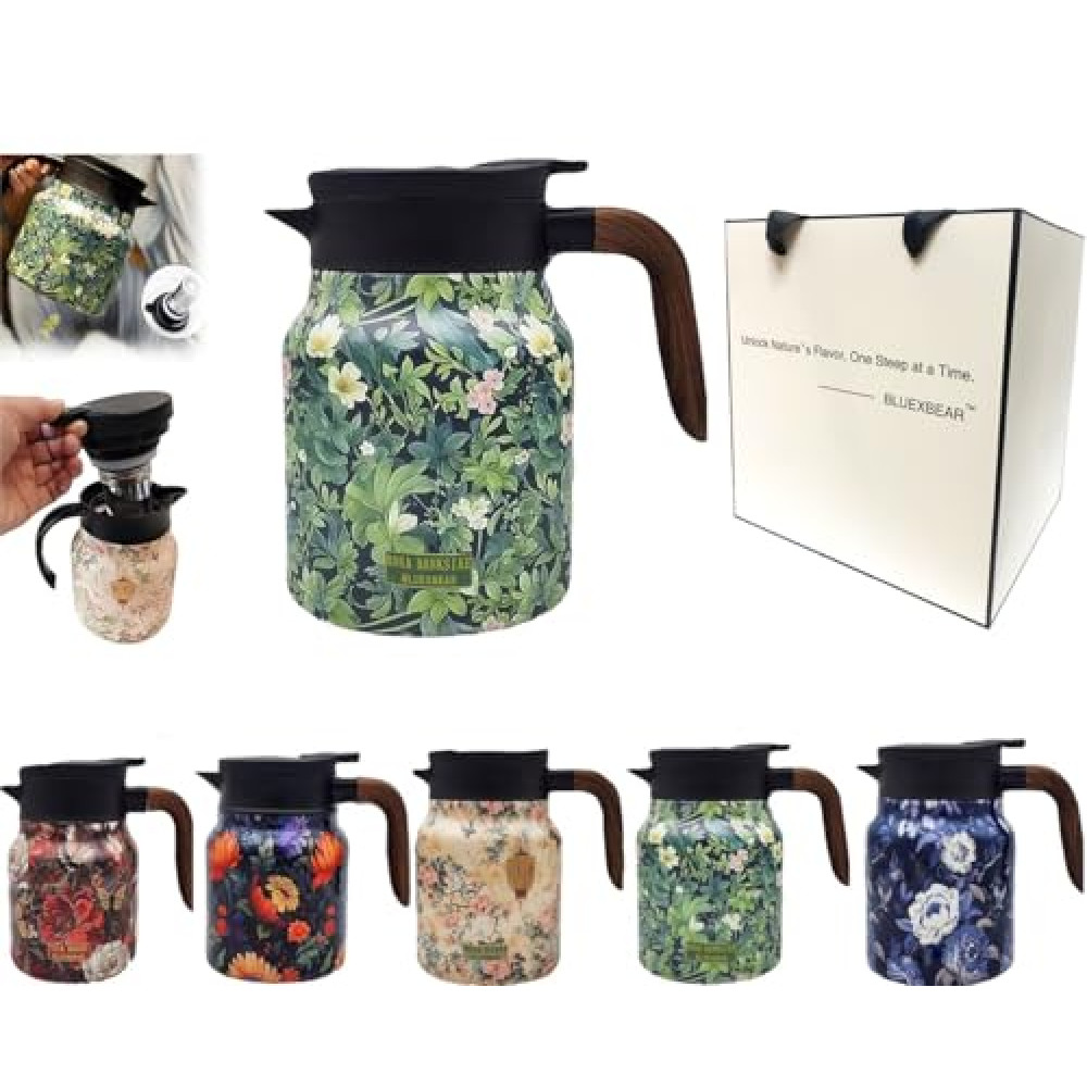 Seodon Vintage Floral Pattern Tea Thermos, Doresty Thermos Tea Pot, Vintage Floral Pattern Tea-Built-In Infuser, Stainless Steel Thermal Carafe with Lid for Hot Drinks (Green, Wooden handle)